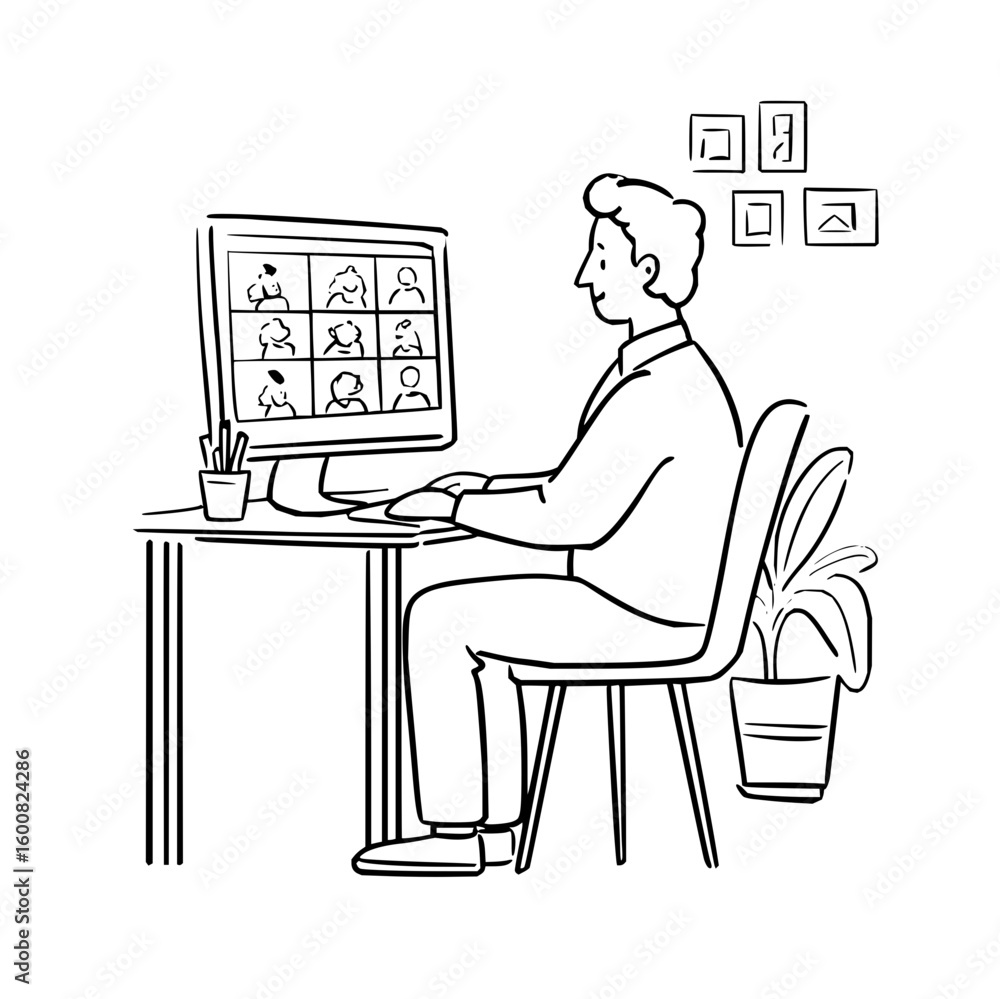 Poster a person attending a video conference call on a computer while sitting at a desk in a room setting