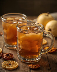 Warm beverage tea or cider with fruit and spices in glass cups on a rustic wooden table
