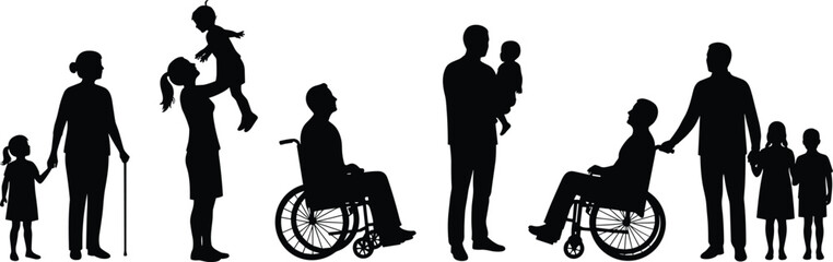 Inclusive family silhouettes, diverse generations, wheelchair users, children, elderly figures, caregiving, love, togetherness, accessibility, community, equality, support, unity