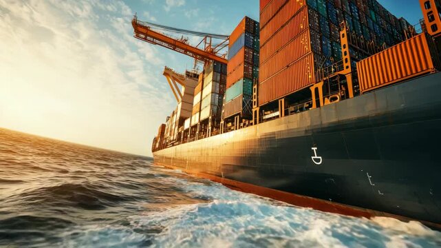 Cargo ship navigating through calm waters at sunrise with a backdrop of a vibrant sky