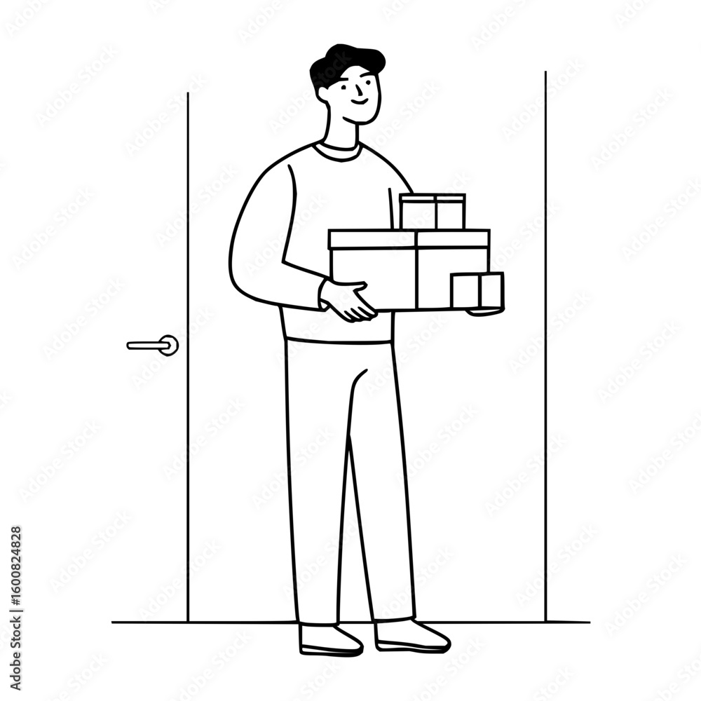 Poster man in sweater and pants holding stacked boxes near a door with a handle in a line drawing style