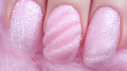 Pink glitter nails close-up with textured design for beauty and fashion concept promotion
