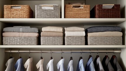 Shelves display neatly folded clothing and decorative baskets for organized storage solutions.