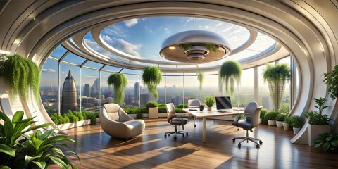A spacious office with circular skylights and suspended planters enhancing the bright and airy feel of the workspace