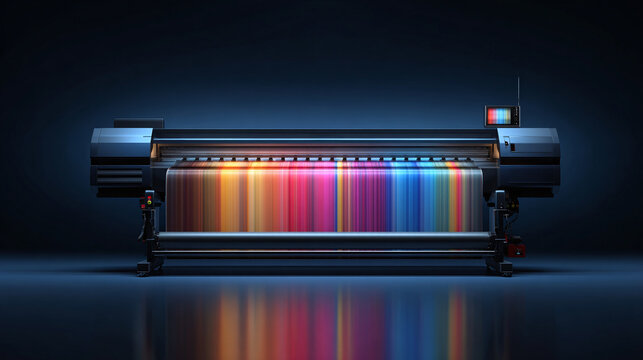 A wide format printer producing a vivid spectrum of colors, showcasing its precision and high-quality output on a reflective surface against a dark backdrop.
