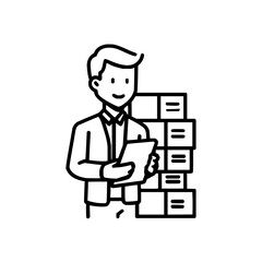 A man in a suit holding a document stands next to a stack of boxes with horizontal lines on them neatly arranged