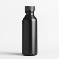 Sleek black metal water bottle with textured screw cap on white background reusable