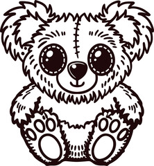 Obraz premium Cute stitched teddy bear with large button eyes sitting upright, detailed hand drawn black line illustration