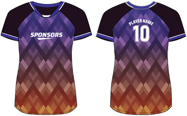 Women Sports Jersey t-shirt design Flat sketch Illustration, abstract degrade stripe pattern V Neck t shirt for Ladies Volleyball jersey, Football, badminton, Soccer and netball, Sport uniform kit