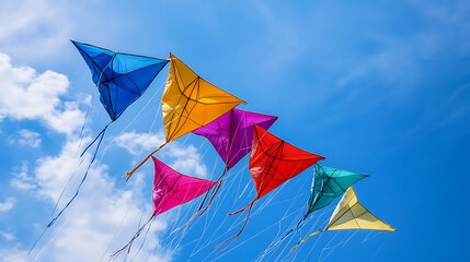  An array of colorful kites flying in a springtime sky 