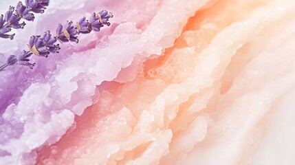 Lavender-infused sugar scrub close-up with soft pastel hues for spa and wellness products promotion