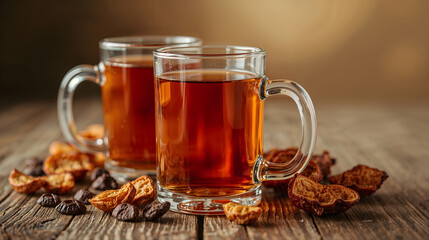 Warm beverage tea or cider with fruit and spices in glass cups on a rustic wooden table