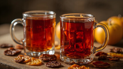 Warm beverage tea or cider with fruit and spices in glass cups on a rustic wooden table