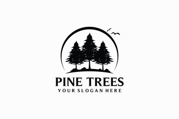 Vector illustration of silhouette of retro rustic logo design of pine, fir, cedar tree