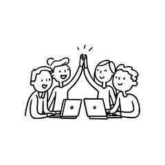 Group of four cartoon people giving a high five while sitting at laptops in a black and white illustration