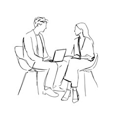 A sketch of two people sitting on chairs, one with a laptop, engaged in a conversation or meeting scene