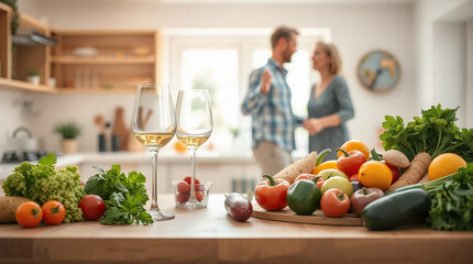 Fresh vegetables and wine glasses on kitchen counter with mature couple cooking together in modern home kitchen background