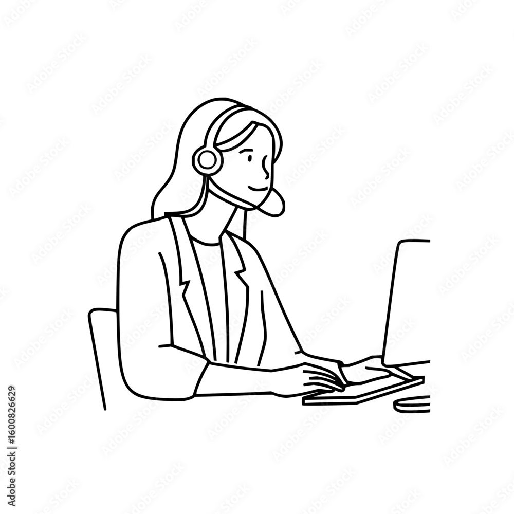Poster line drawing of a woman with a headset typing on a computer in an office setting with simple lines