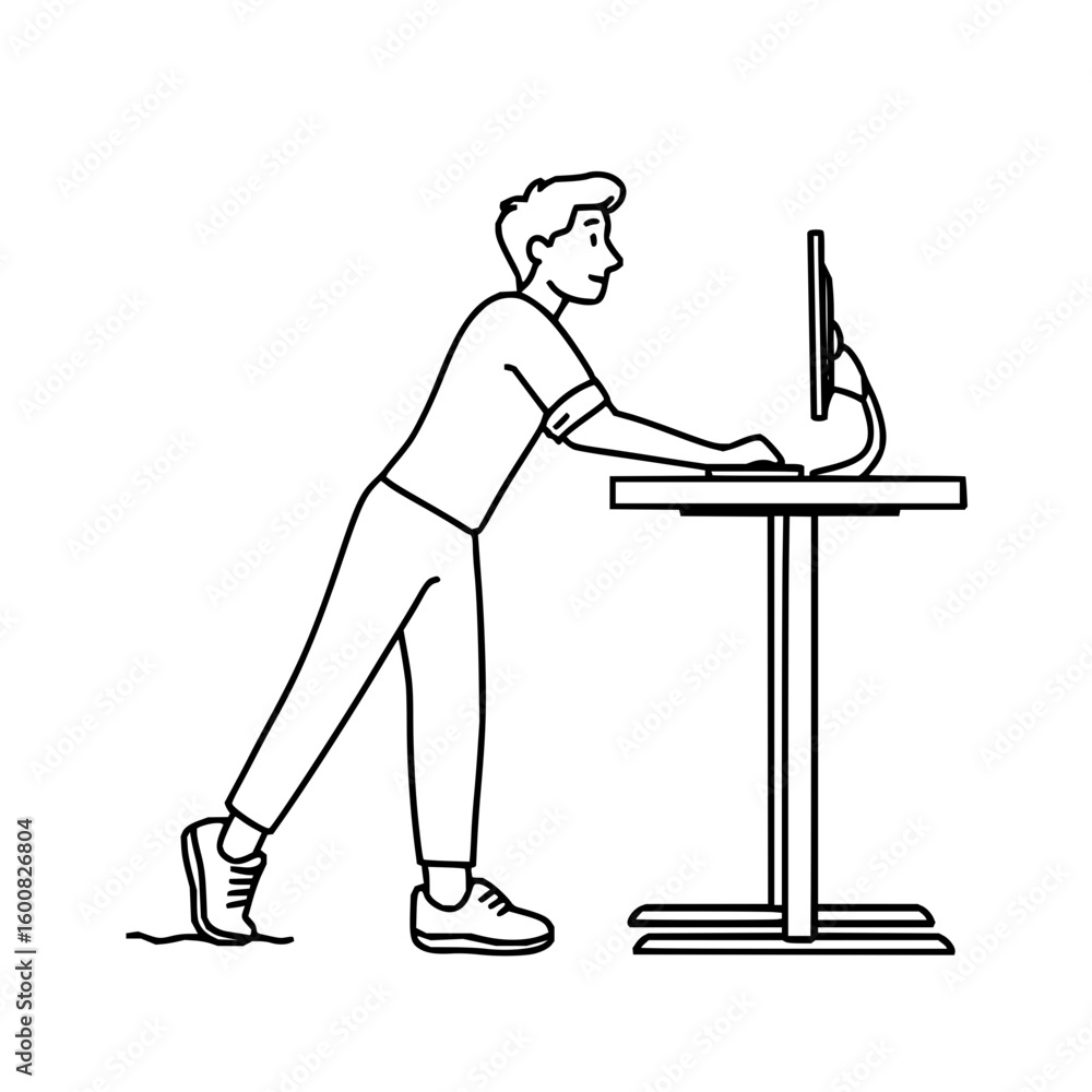 Poster illustration of a man using a standing desk with a computer in a minimalist black and white style vi