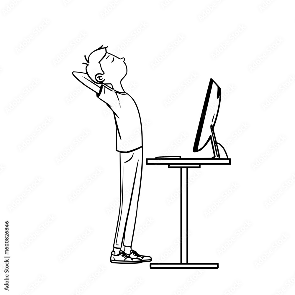 Poster person stretching at a standing desk with a computer monitor in a black and white line drawing style