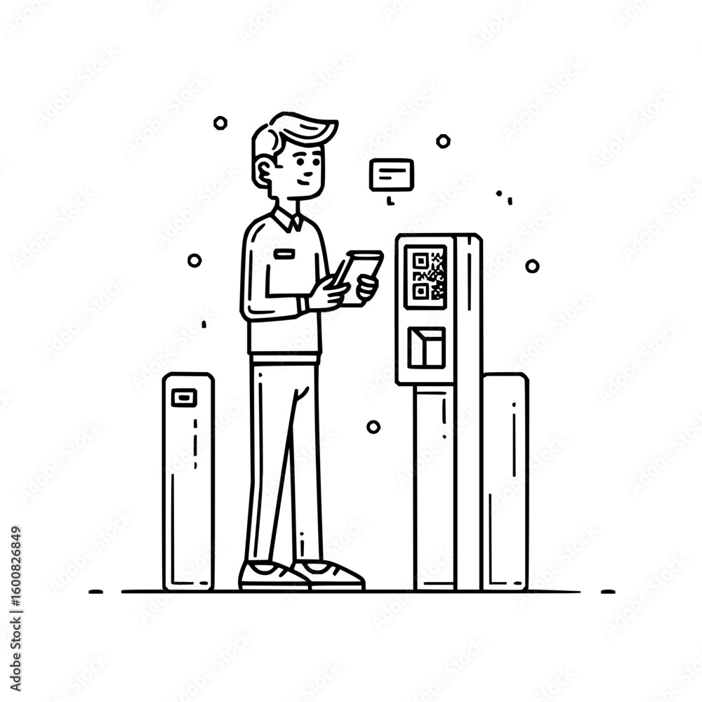 Poster a man using a qr code scanner at a gate with a phone in hand in a black and white line drawing style
