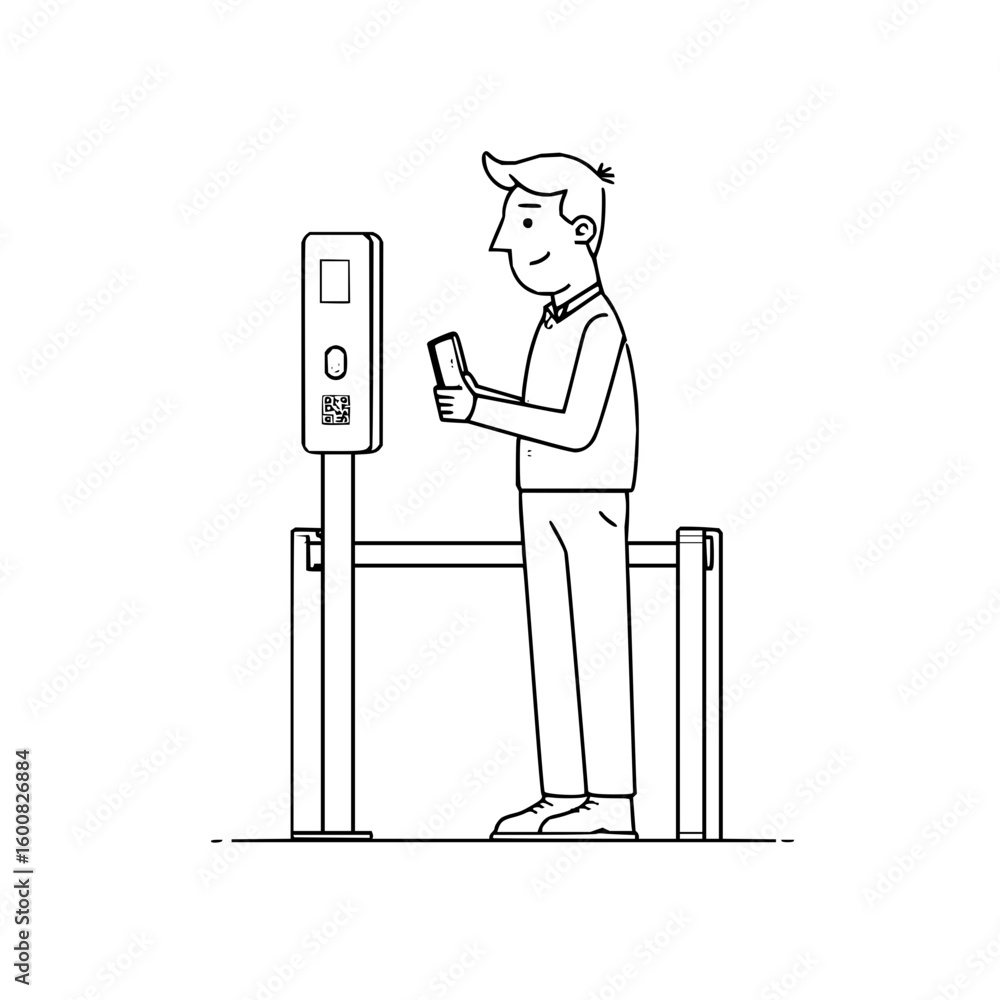 Poster man scanning qr code on a kiosk with his smartphone in a line art illustration on a white background