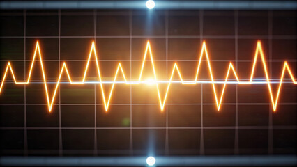 Glowing orange electrocardiogram waveform on dark grid background, abstract medical technology concept, energy and health monitoring, dynamic and futuristic style