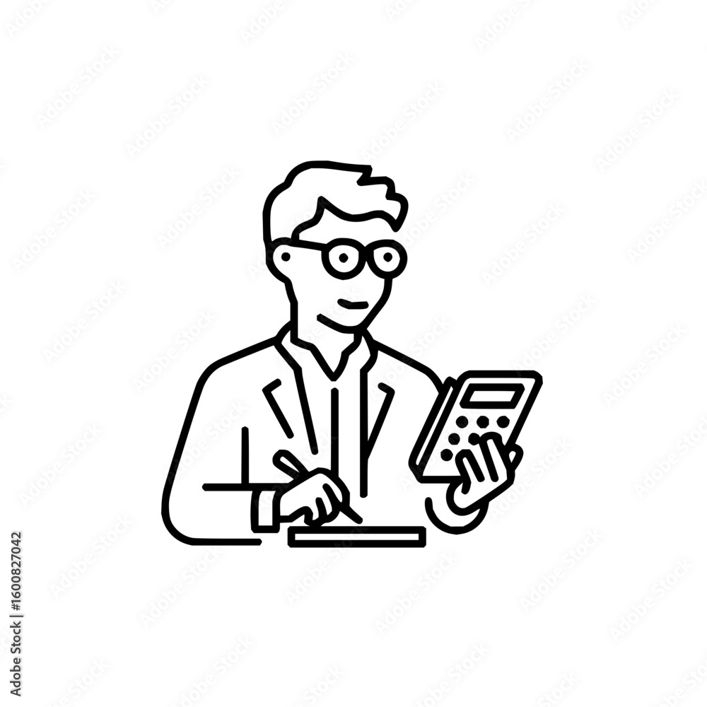 Poster a person with glasses using a calculator and writing on a notepad in a line art style design icon