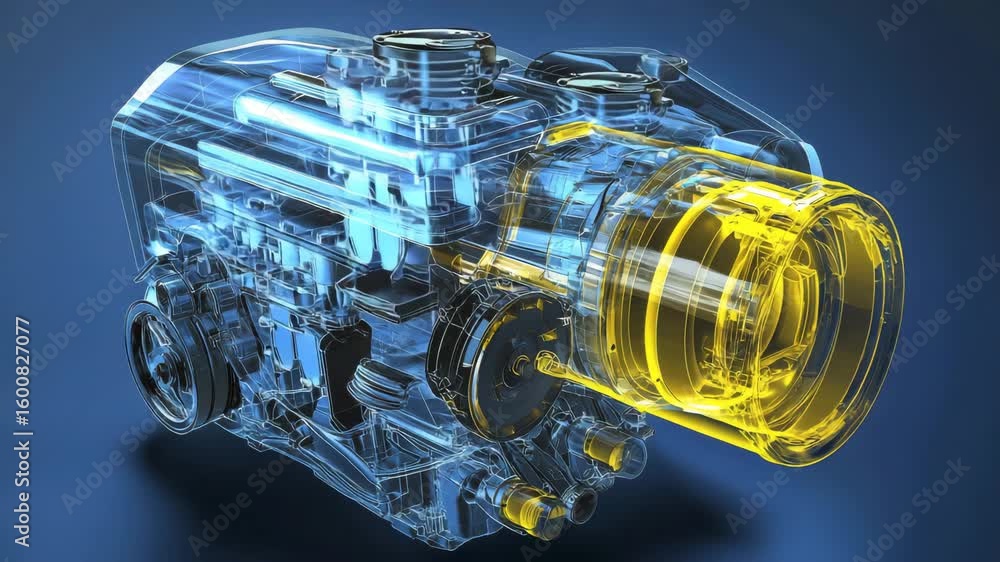 Poster transparent engine model showcasing detailed inner mechanisms with yellow highlights for better unde