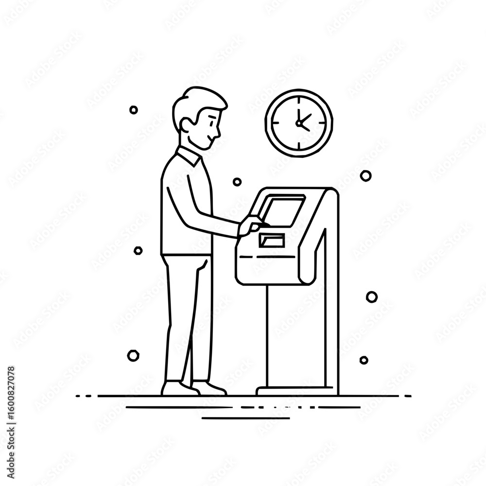 Aufkleber a man using an atm machine with a clock on the wall in a line art style on a white background design