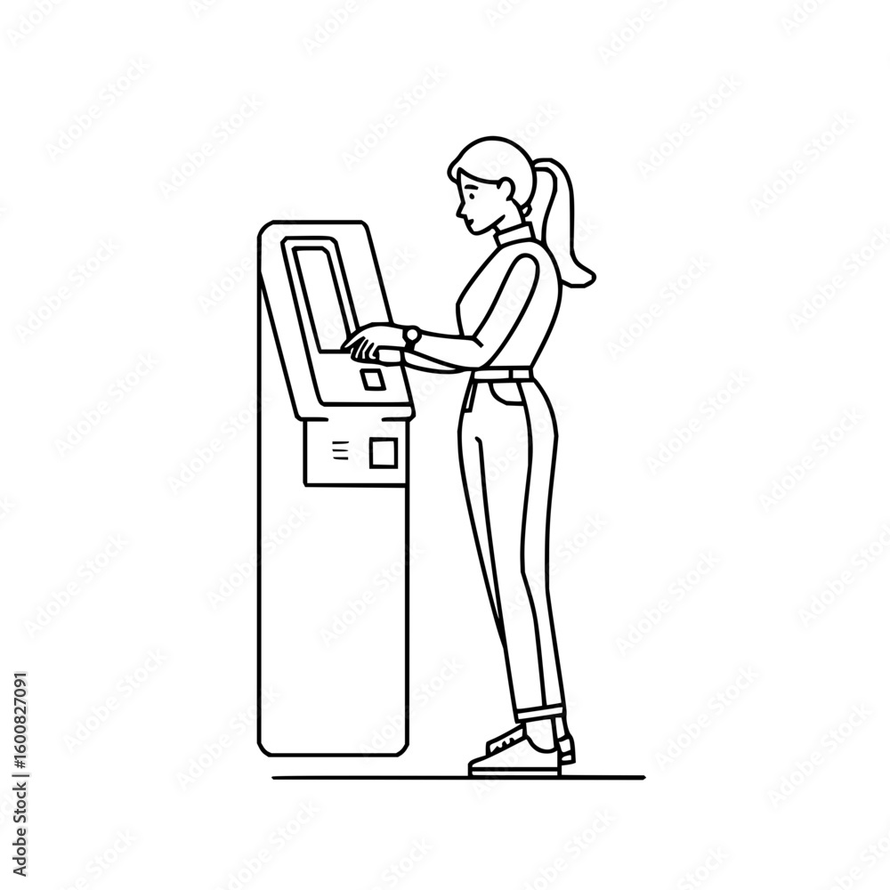 Poster woman with ponytail using atm machine for banking transaction in a line art style illustration desig