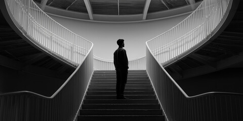 businessman on escalator, black and white photo