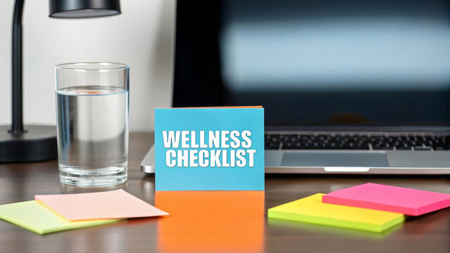 Wellness checklist card, glass of water, colorful sticky notes, and laptop on modern desk setup, promoting healthy work habits and productivity in bright office environment