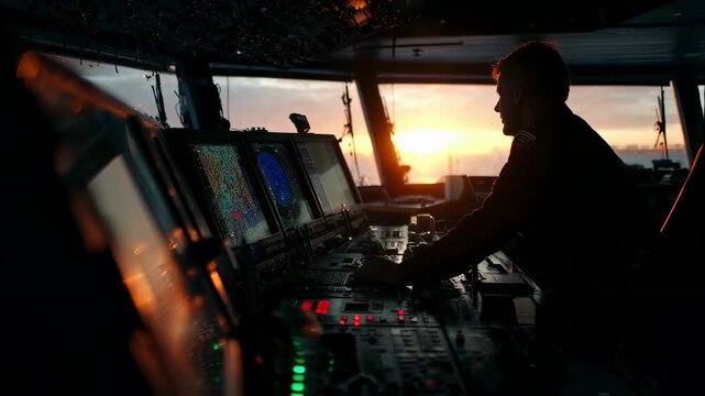 An image of a ships bridge at sunset showing a captain engaging with an advanced GMDSS equipment panel with a variety of flashing lights and digital displays indicating successful distress