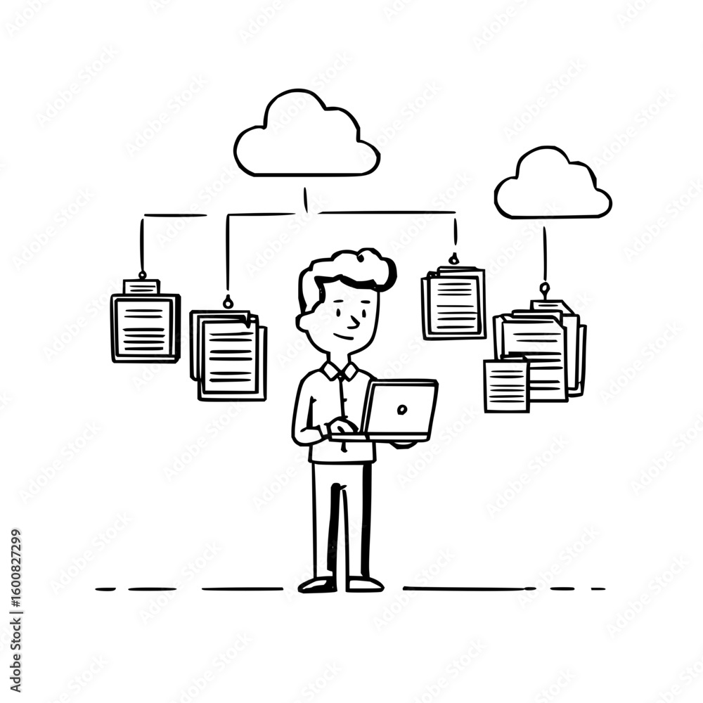 Poster man using laptop connected to cloud storage with documents in a simple black and white doodle style