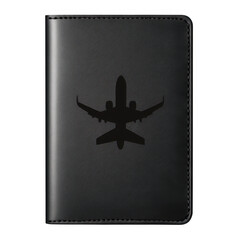 Black passport cover featuring airplane silhouette for travel documentation and identity