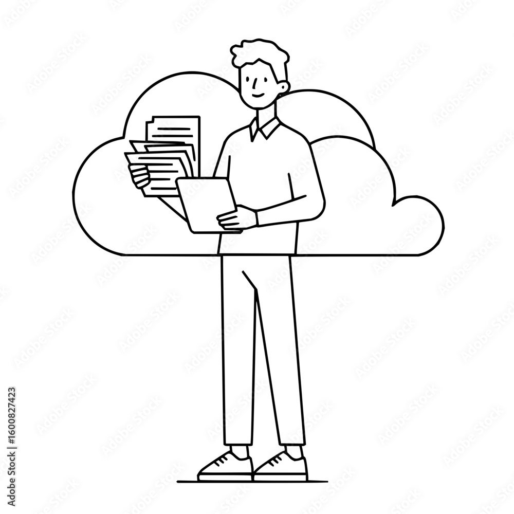 Aufkleber a person standing in front of a cloud holding documents and a tablet in a line art style design