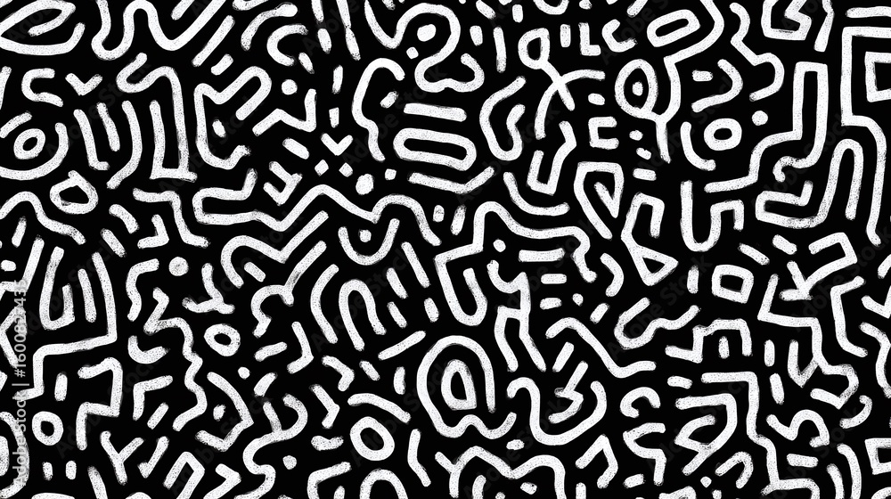 Poster abstract black and white pattern featuring hand-drawn style lines, curves, and geometric shapes crea