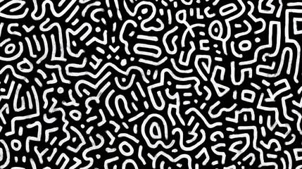 Abstract black and white pattern featuring hand-drawn style lines, curves, and geometric shapes creating a chaotic yet artistic visual texture.