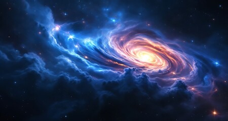 Swirling blue and orange nebula with bright stars in deep space galaxy cosmos