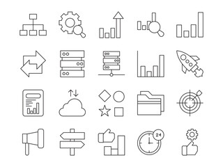 Data analytics icon set. Containing database, statistics, analytics, server, monitoring, computing, network and more. Vector illustration