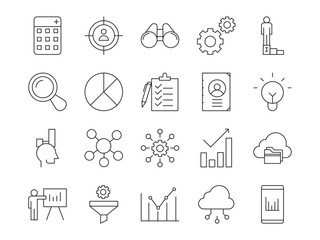 Data analytics icon set. Containing database, statistics, analytics, server, monitoring, computing, network and more. Vector illustration