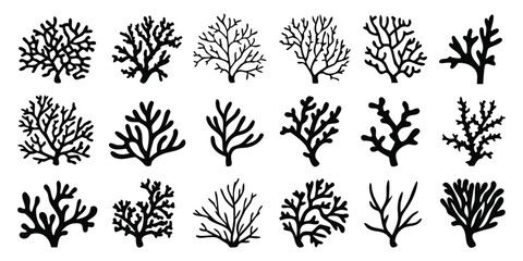 Silhouetted Seaweed and Coral Illustrations a Collection of Black and White Aquatic Plant Life for Decoration and Design