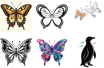 Fototapeta premium A beautiful collection of colorful butterflies and insect silhouettes, ideal for vector design and tattoo illustration