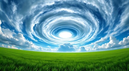 Swirling blue sky vortex over lush green grass field clouds white