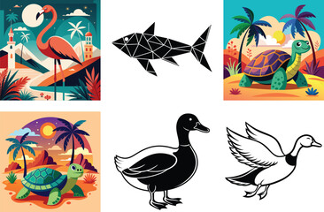 Obraz premium Cute cartoon vector animal and bird illustrations set with seamless nature patterns for design