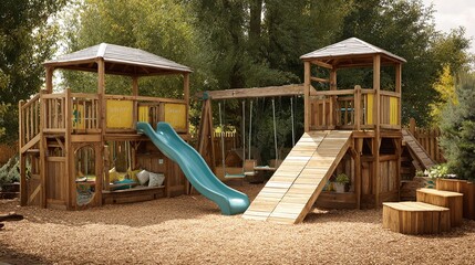 Outdoor wooden playset featuring towers, a slide, and swings, set against a lush green backdrop, perfect for childhood adventures and backyard fun.