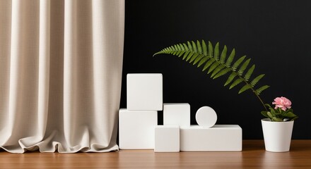 Geometric Still Life White Podiums Linen Drape and Botanical Life.