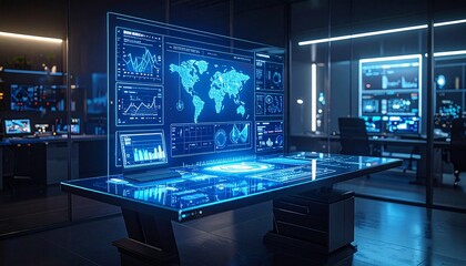 Transparent acrylic collapsible workstation with holographic interface projections above glass surface in darkness