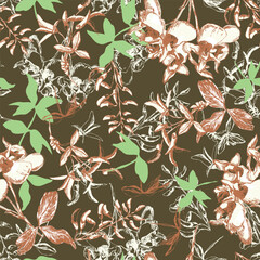 Floral Botanical Illustration with Light Green and Brown Tones
